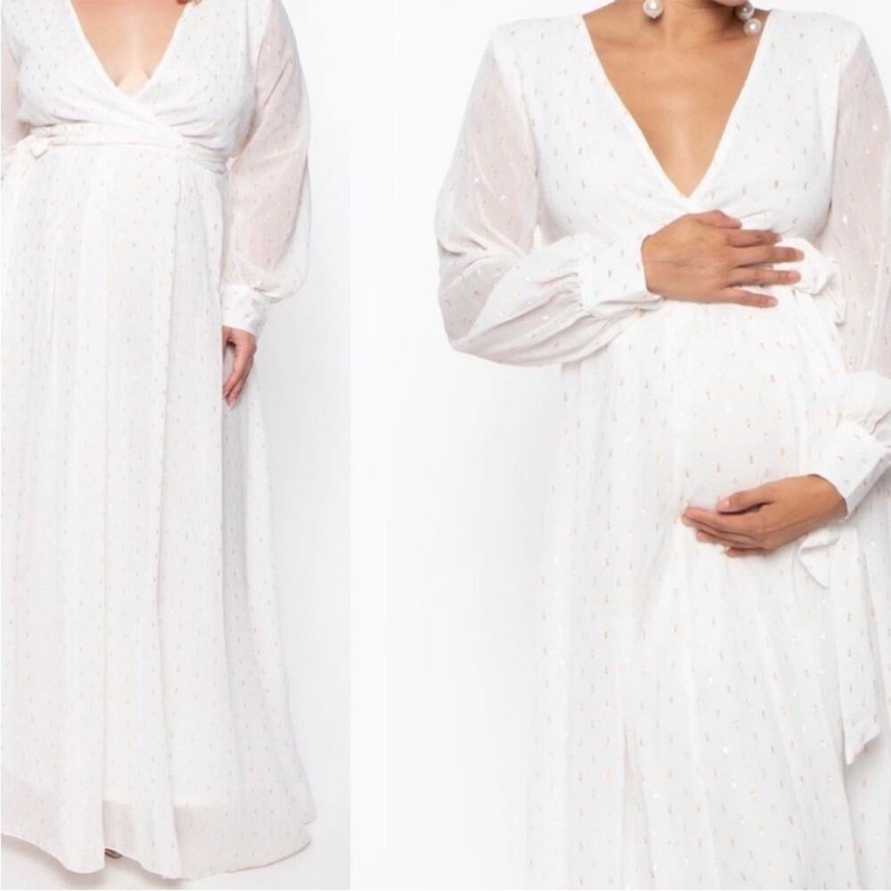 Bump Biddy White tie waist maxi metallic detail dress